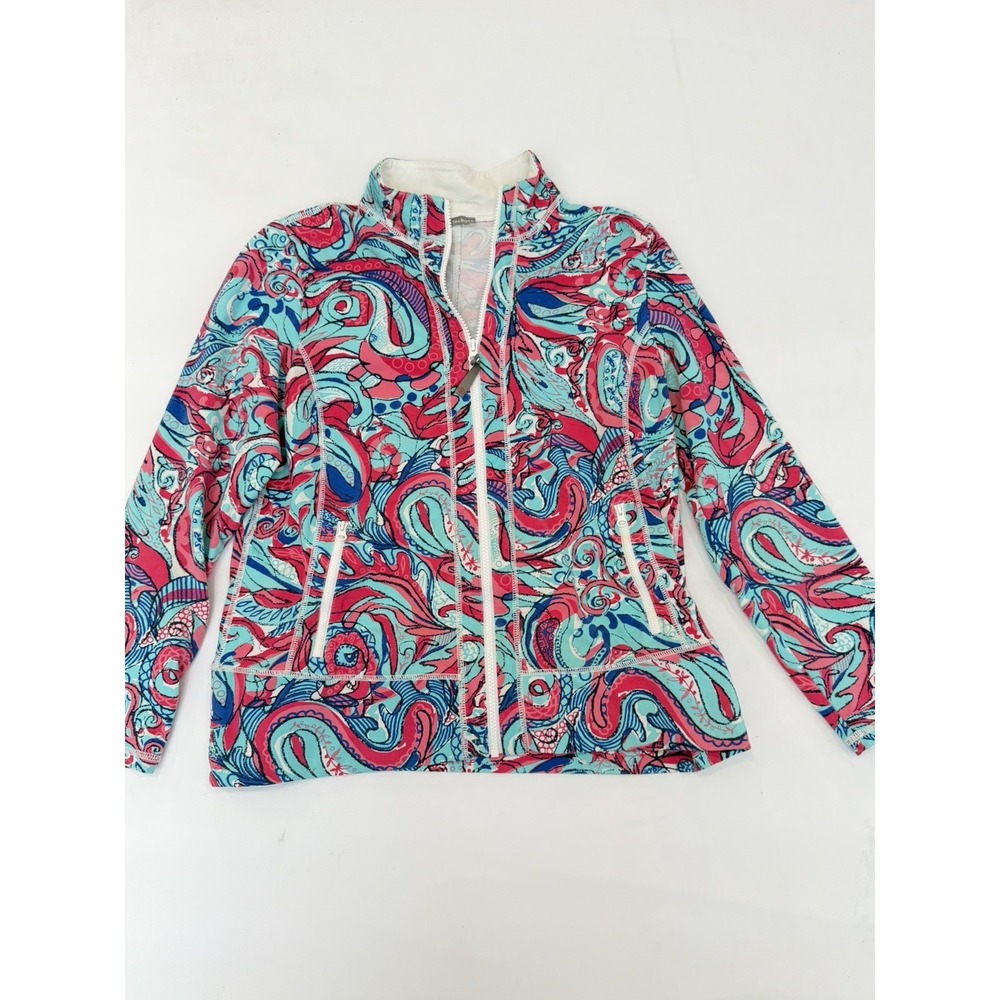 T by Talbots LP Pink Blue Abstract Athleisure Stretch Full Zip Jacket Medium Y2K
